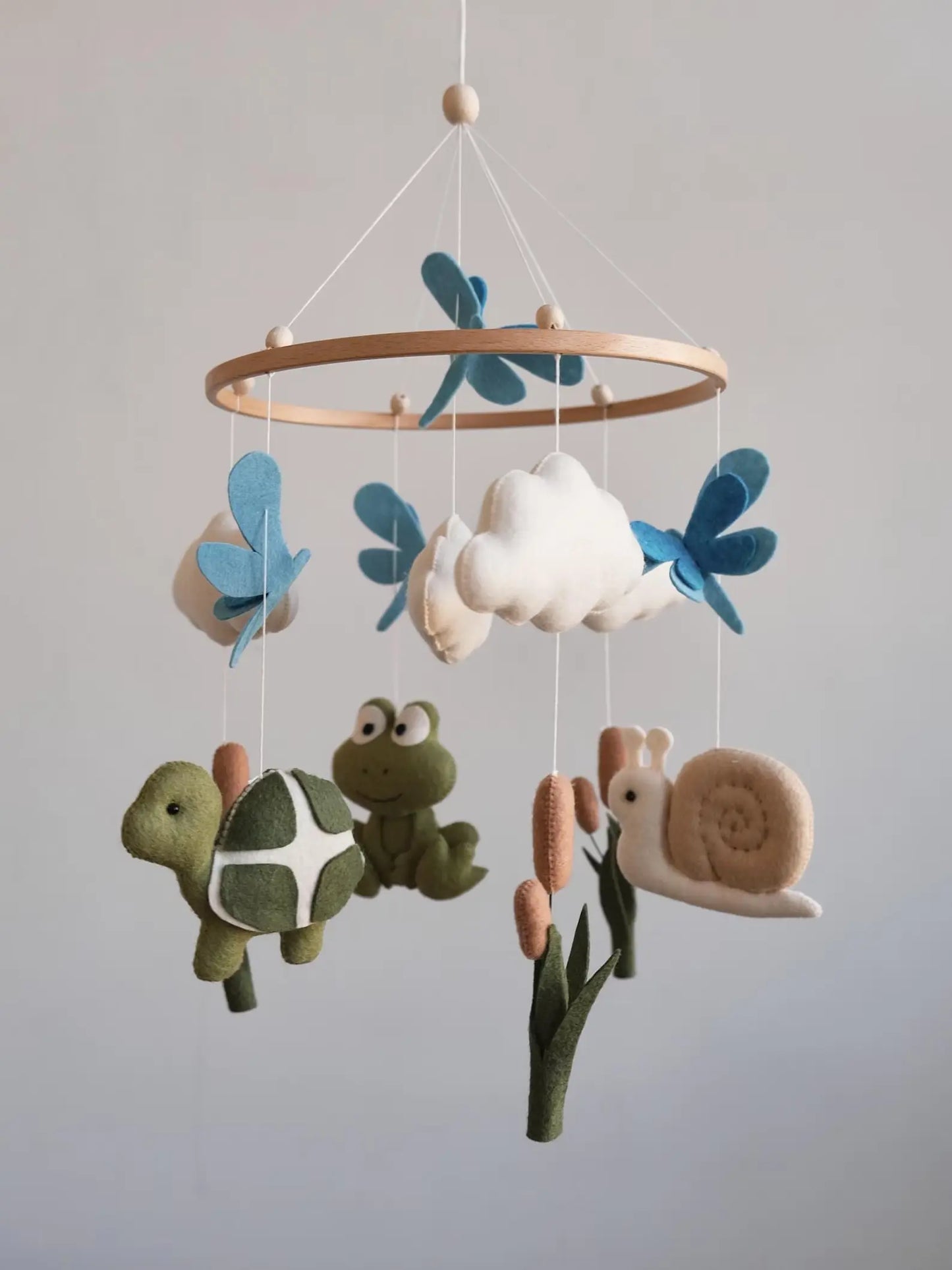 Felt baby mobile with frog, turtle and snail on cattails – woodland pond crib mobile