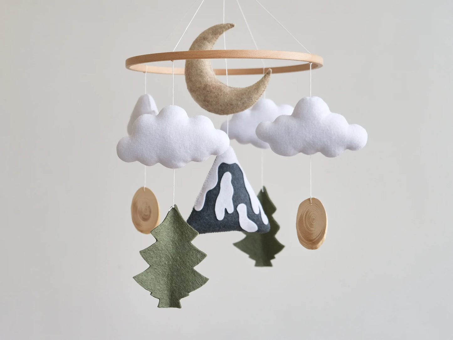Handmade felt baby mobile with mountain, moon, clouds and fir trees – woodland nursery crib mobile