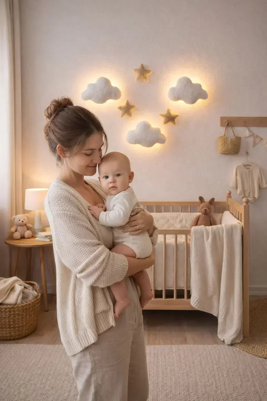 Handmade boucle cloud night light mounted on a nursery wall with a warm amber glow