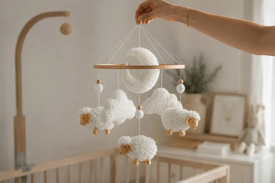 Boucle sheep baby mobile with cloud and moon held above wooden crib in nursery