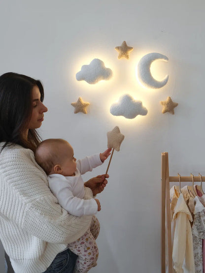 Boucle cloud and moon wall lamp – warm LED nursery night light