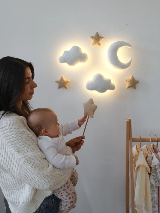 Boucle cloud and moon wall lamp – warm LED nursery night light