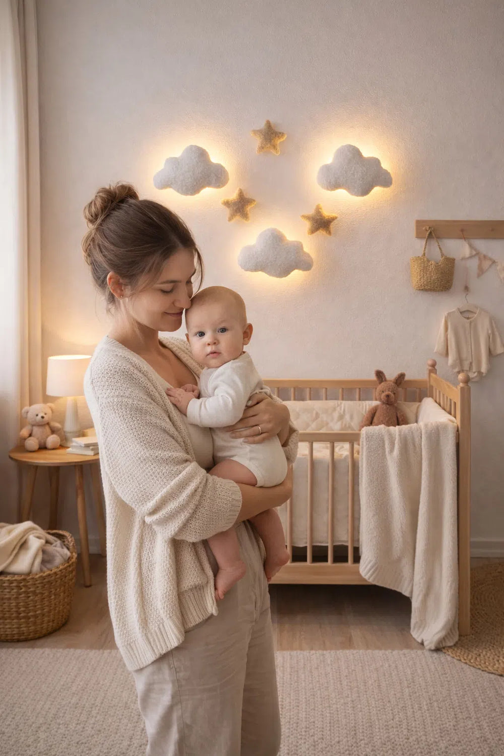 Mother holding a baby beside glowing boucle cloud night lights and decorative stars
