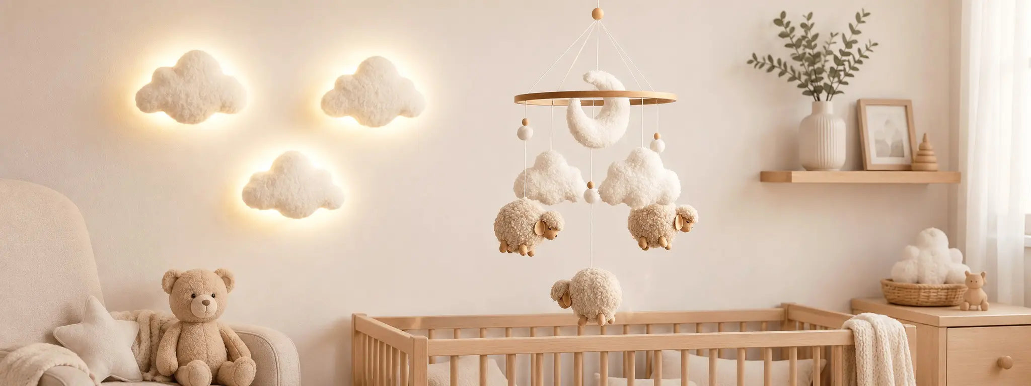ChilDecor handmade boucle baby mobile with sheep and clouds hanging over wooden crib, with glowing cloud nursery night lights on wall