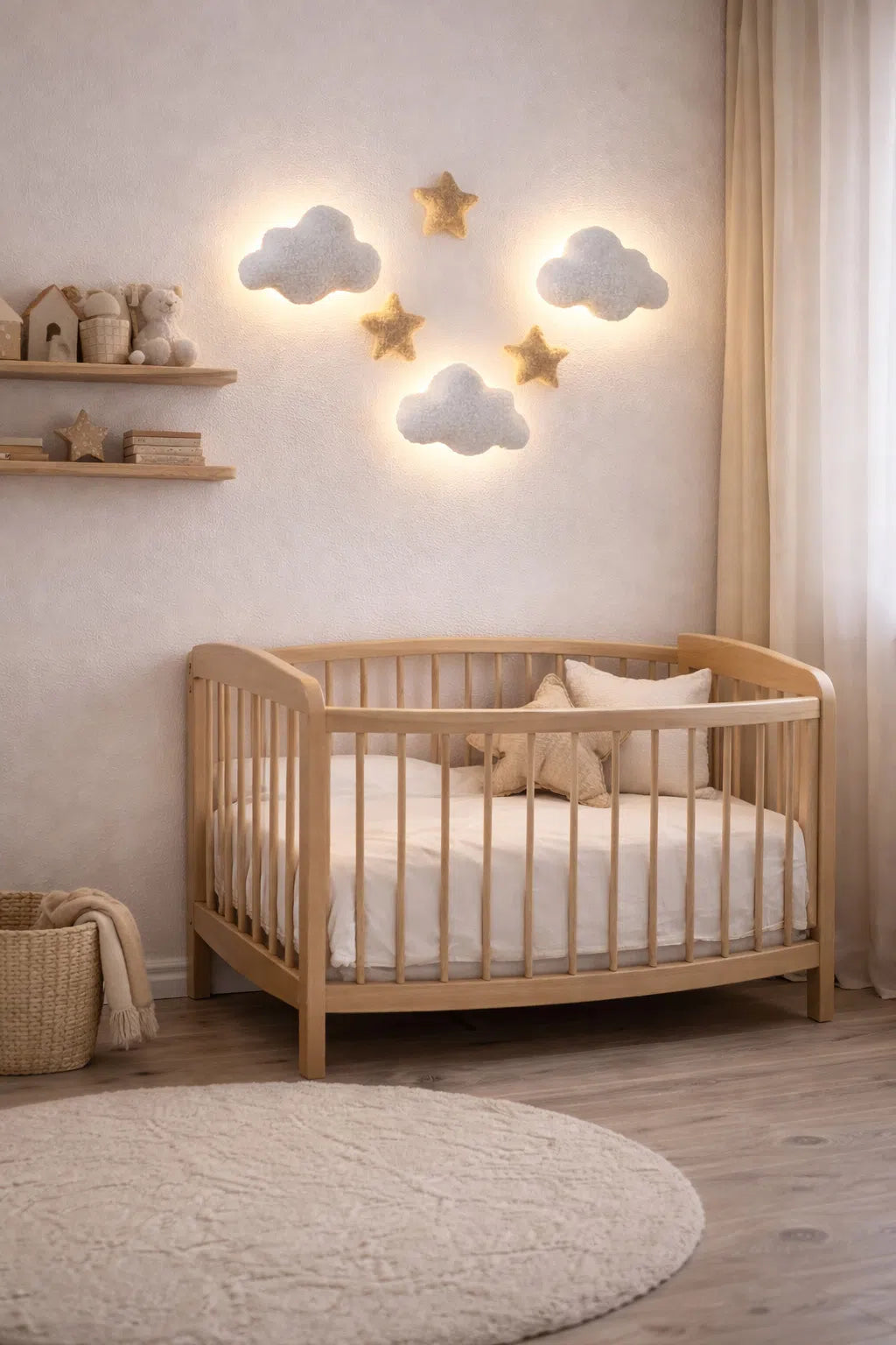 Cloud and star nursery light set above baby crib – warm LED halo glow in neutral beige nursery