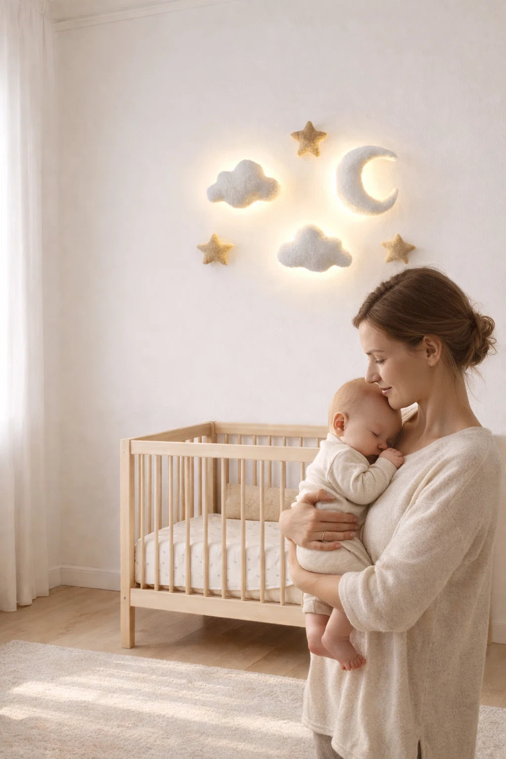 Cloud moon nursery decor – handmade boucle night light wall set