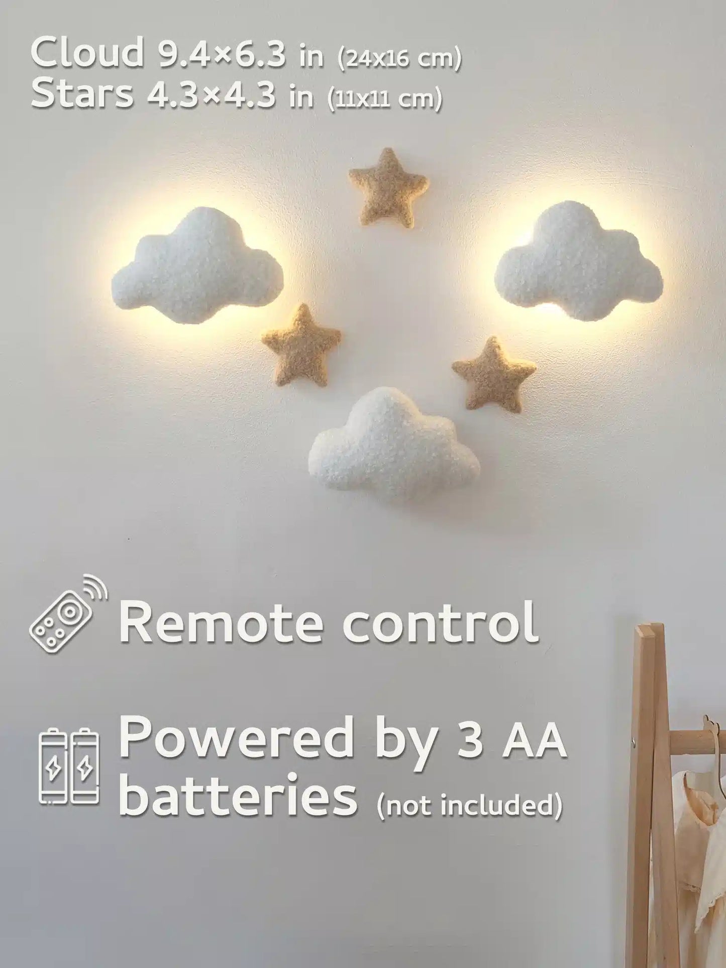Boucle cloud night light dimensions – cloud 9.4×6.3 in, stars 4.3×4.3 in, remote control, battery-powered nursery wall lamp