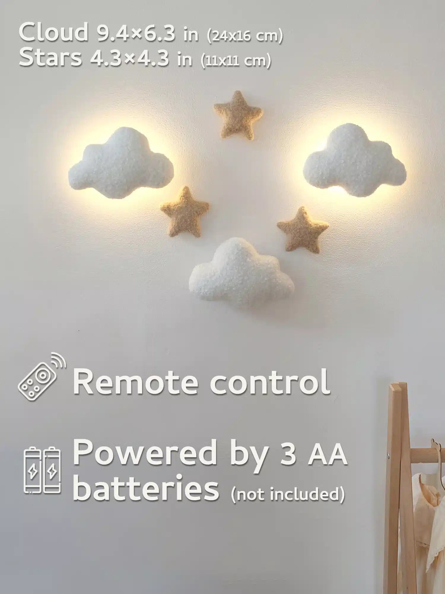 Boucle cloud night light dimensions – cloud 9.4×6.3 in, stars 4.3×4.3 in, remote control, battery-powered nursery wall lamp