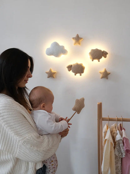 Cloud night light with boucle sheep – soft nursery wall lamp