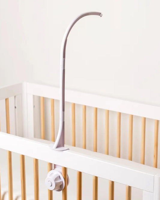 Crib mobile arm mounted on crib rail – adjustable plastic mobile holder