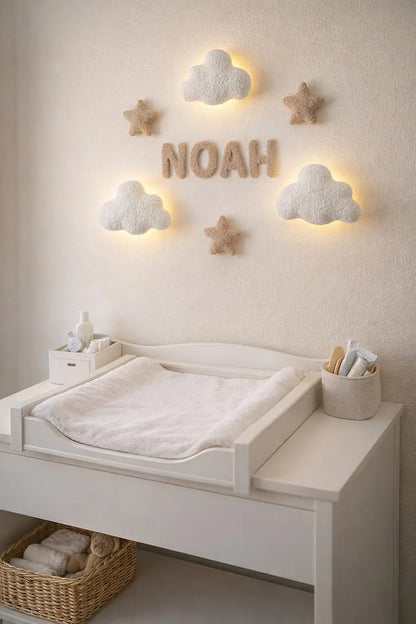 Custom name night light – boucle cloud wall lamp for nursery