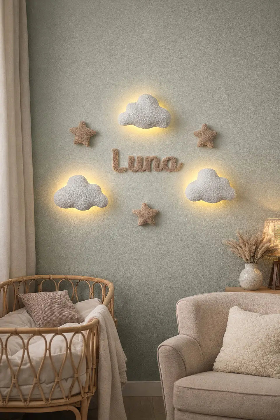 Custom name night light in cursive script – boucle cloud nursery wall lamp