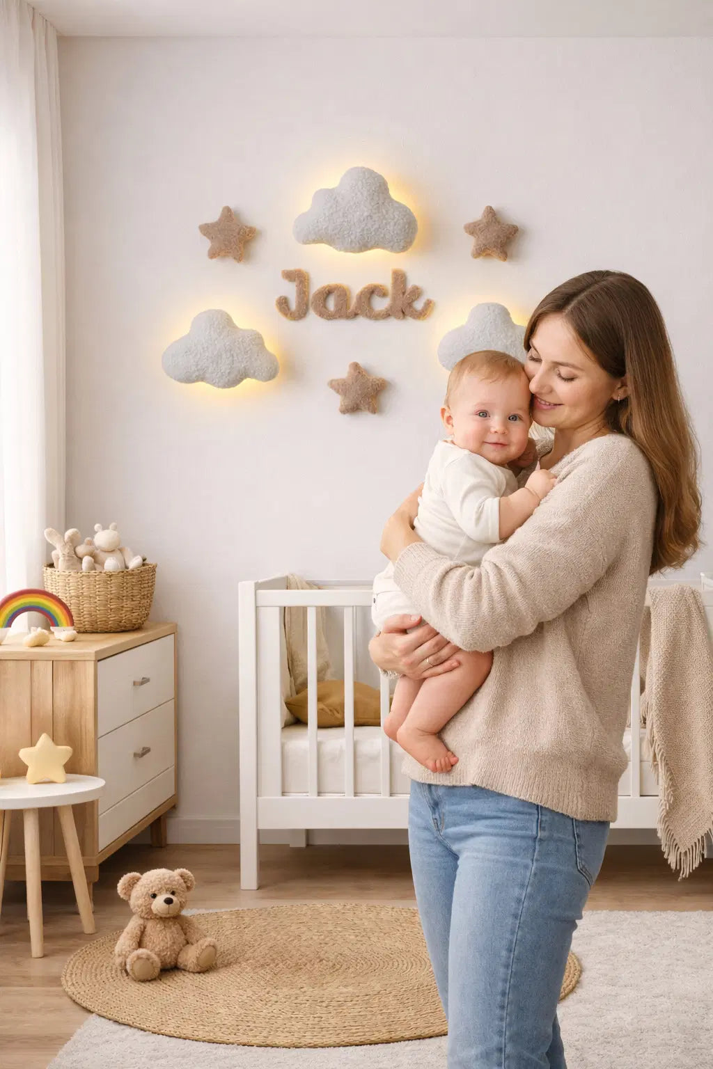Custom name nursery lamp – boucle cloud night light with cursive script name