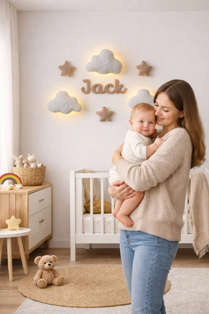 Custom name nursery lamp – boucle cloud night light with cursive script name