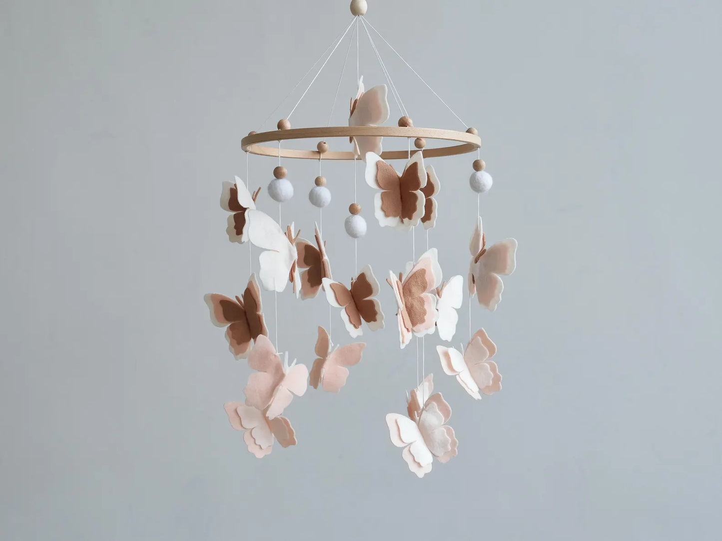 Felt baby mobile with layered blush butterflies and wooden beads – handmade nursery mobile