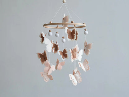 Felt baby mobile with layered blush butterflies and wooden beads – handmade nursery mobile