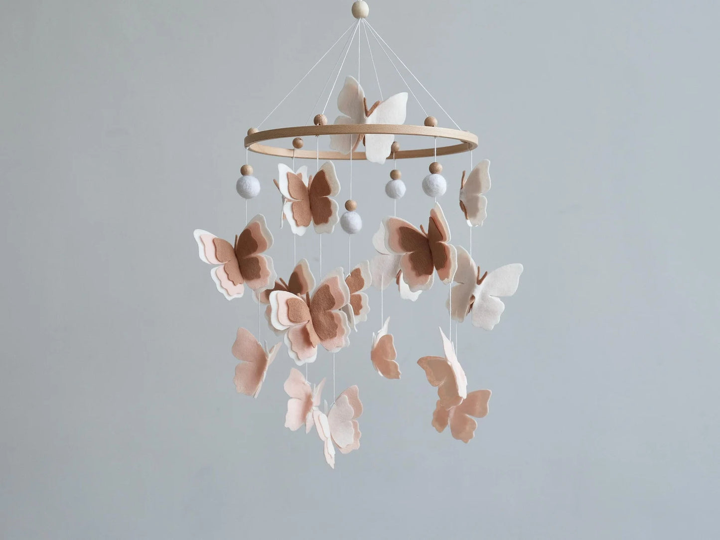 Felt blush butterfly baby mobile with wool balls – neutral boho crib mobile