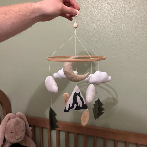 Blush butterfly felt baby mobile in pink nursery – handmade pastel butterfly crib mobile with letter board