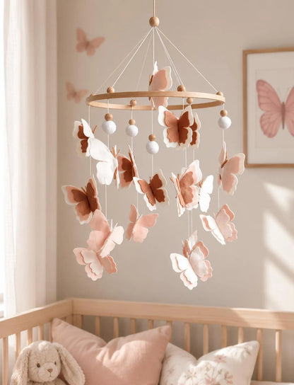 Felt blush butterfly mobile in sunny nursery with butterfly wall art – baby girl crib decor