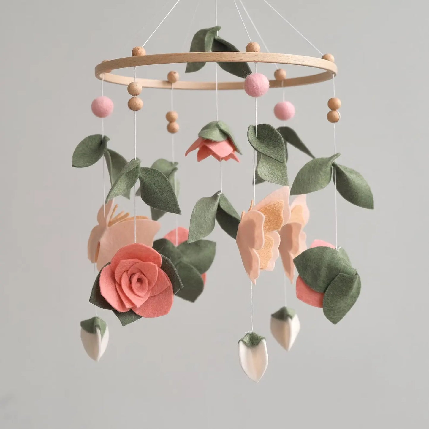 Handmade felt baby mobile with butterflies, roses and leaves – floral nursery crib mobile
