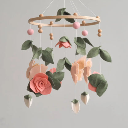 Handmade felt baby mobile with butterflies, roses and leaves – floral nursery crib mobile