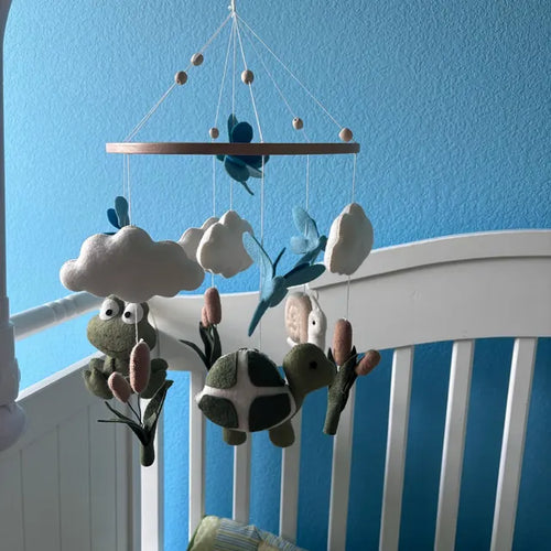 Felt frog and turtle pond baby mobile in blue nursery – handmade crib mobile with clouds and cattails
