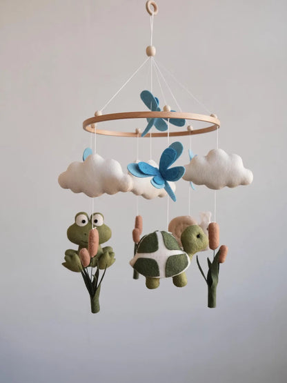 Handmade felt baby mobile with frog, turtle, snail and dragonflies – pond nursery mobile
