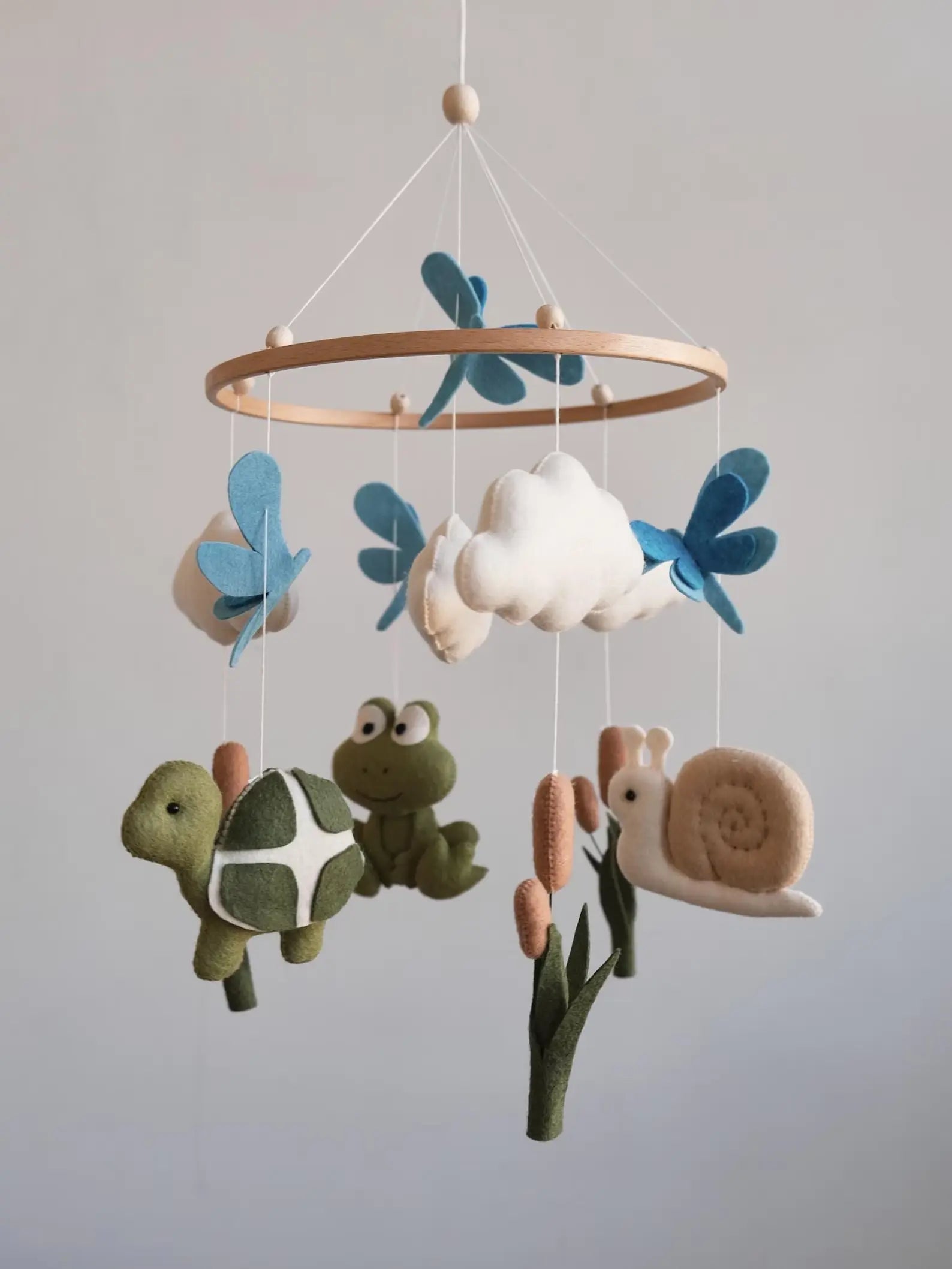 Felt baby mobile with frog, turtle and snail on cattails – woodland pond crib mobile