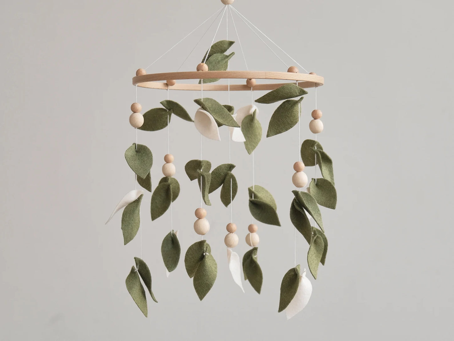 Felt baby mobile with sage green leaves and cream petals – nature nursery crib mobile
