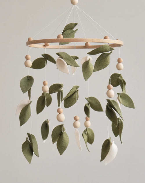 Felt baby mobile with green leaves – handmade botanical crib mobile with wooden ring