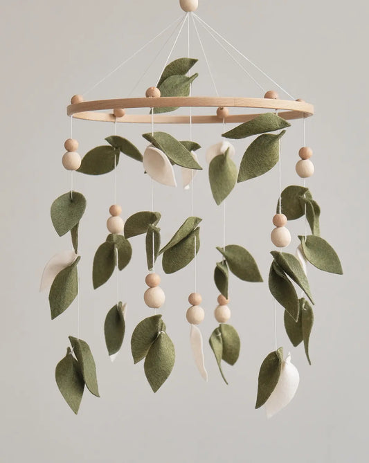 Felt baby mobile with green leaves – handmade botanical crib mobile with wooden ring