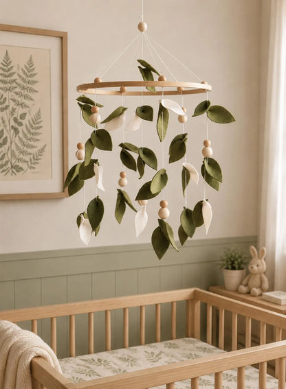 Felt green leaf mobile above crib in botanical nursery – nature baby room decor with fern art