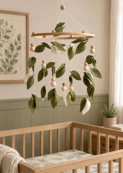Felt green leaf mobile in sage nursery above crib – botanical baby room decor