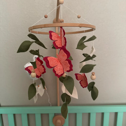 Red monarch butterfly felt mobile with green leaves – handmade butterfly crib mobile over turquoise crib