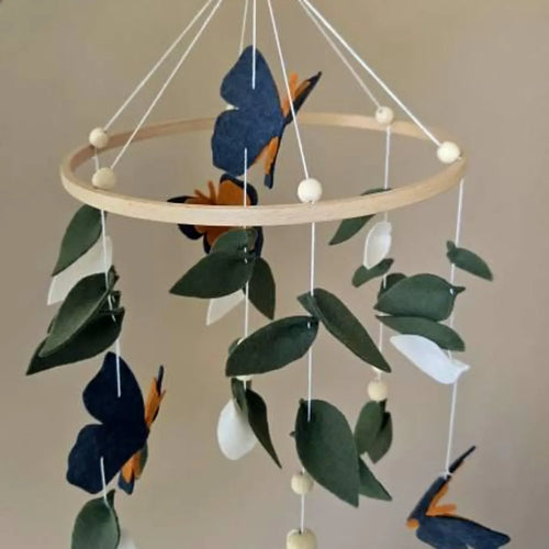 Navy and orange monarch butterfly felt mobile – handmade butterfly baby mobile with green leaves