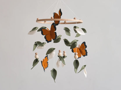 Handmade felt baby mobile with monarch butterflies and sage green leaves – nature nursery crib mobile