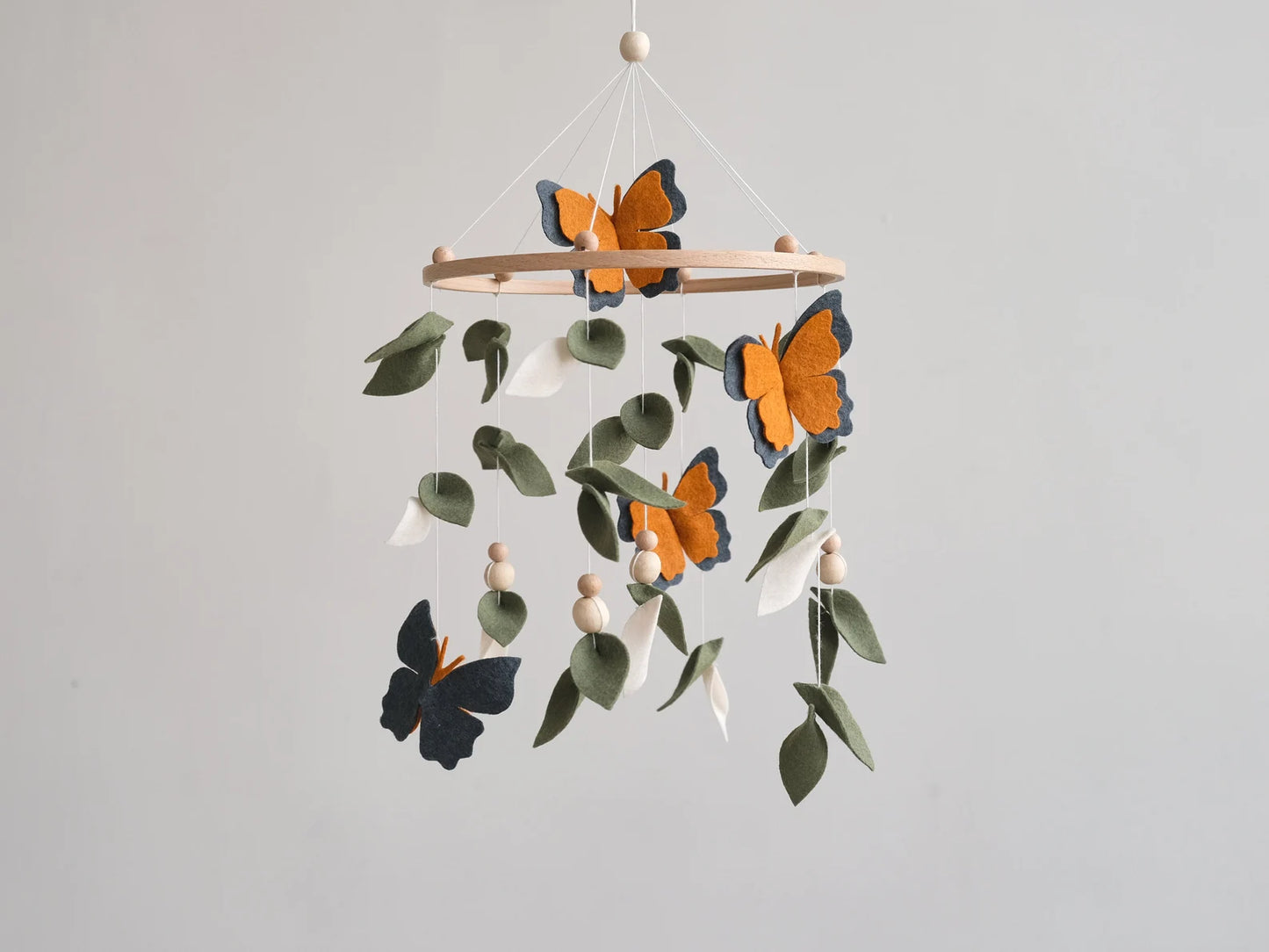 Felt monarch butterfly and leaf baby mobile – handmade nature nursery crib decoration