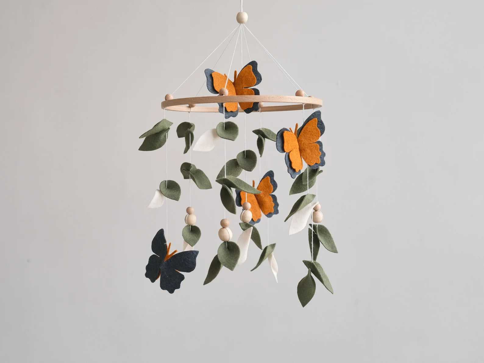 Felt monarch butterfly and leaf baby mobile – handmade nature nursery crib decoration
