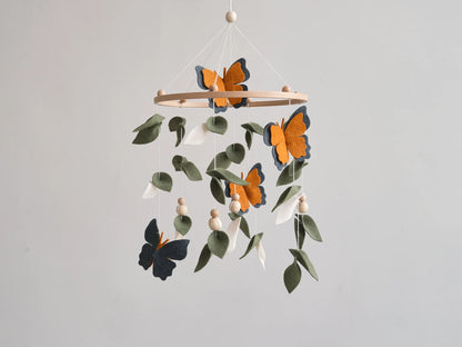 Felt monarch butterfly and leaf baby mobile – handmade nature nursery crib decoration