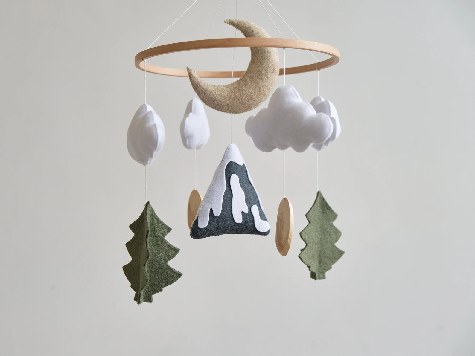 Felt baby mobile with mountain, crescent moon and clouds – woodland nature nursery mobile
