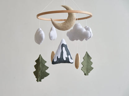 Felt baby mobile with mountain, crescent moon and clouds – woodland nature nursery mobile