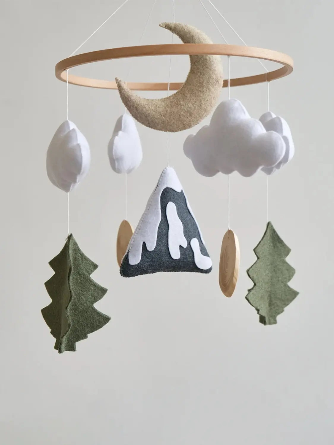 Felt mountain moon and clouds baby mobile – handmade woodland crib mobile with fir trees