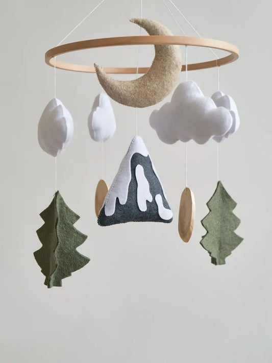 Felt mountain moon and clouds baby mobile – handmade woodland crib mobile with fir trees