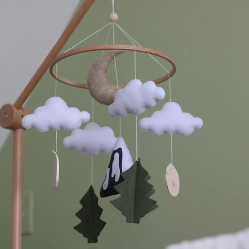 Mountain moon clouds felt mobile close-up – handmade woodland baby mobile with pine trees