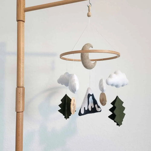 Felt mountain baby mobile on wooden arm – moon clouds and trees nursery mobile with bamboo holder