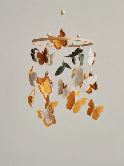 Felt baby mobile with amber and terracotta butterflies and sage leaves – neutral butterfly crib mobile
