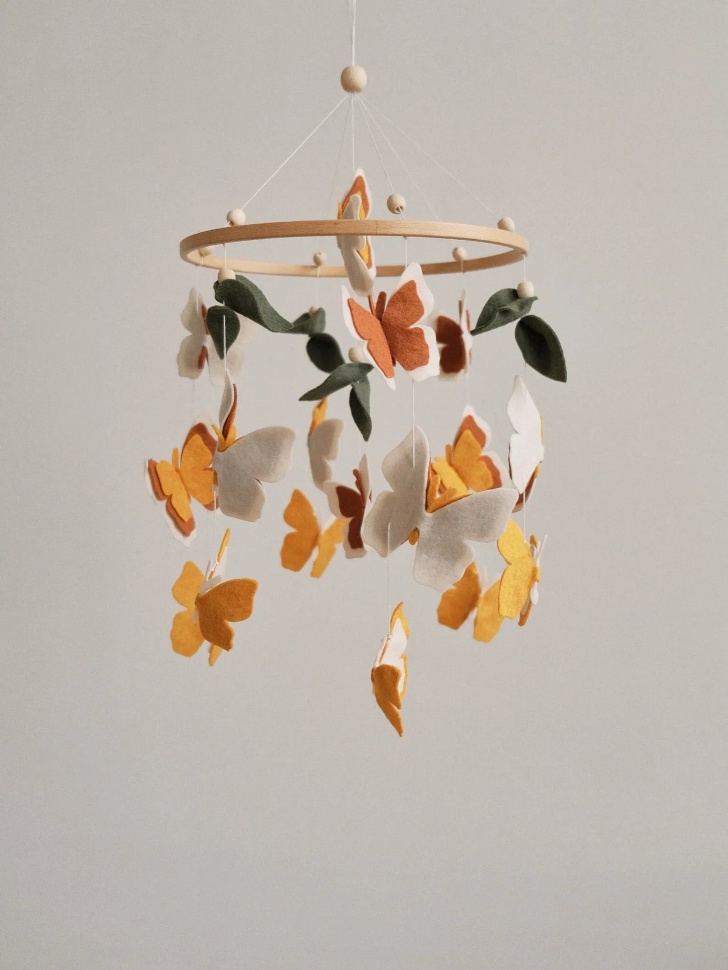 Felt baby mobile with neutral butterflies and leaves – handmade boho nursery crib mobile