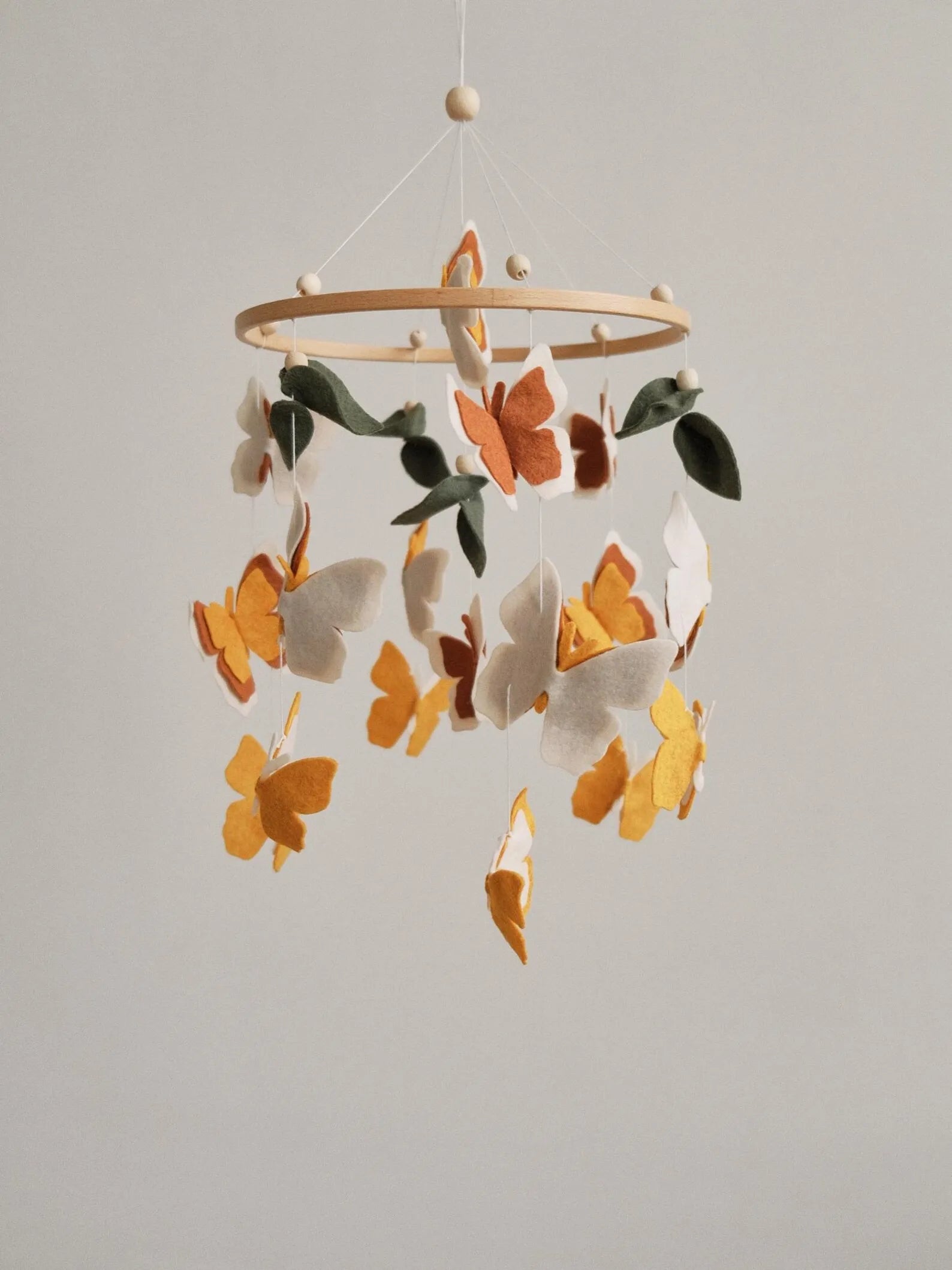 Felt baby mobile with neutral butterflies and leaves – handmade boho nursery crib mobile