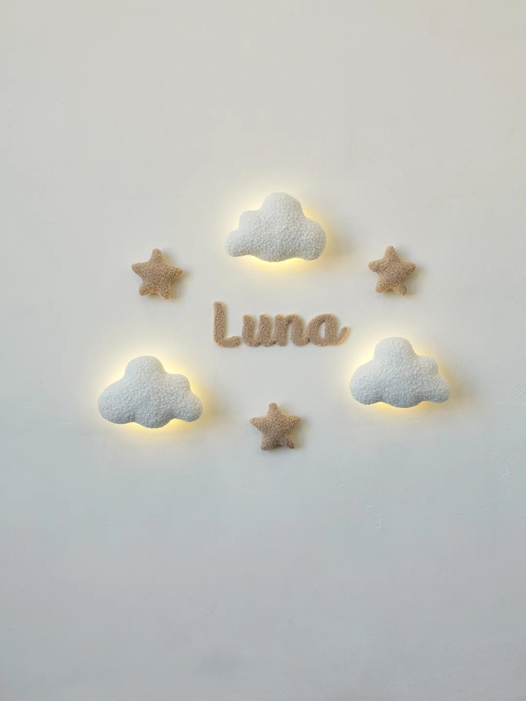 Girl name night light nursery – personalized boucle cloud wall lamp with script