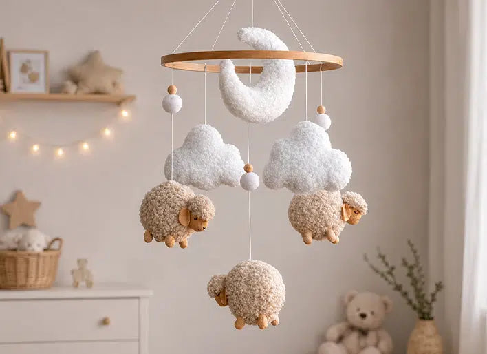 Handmade baby crib mobile – boucle clouds and felt nursery decor